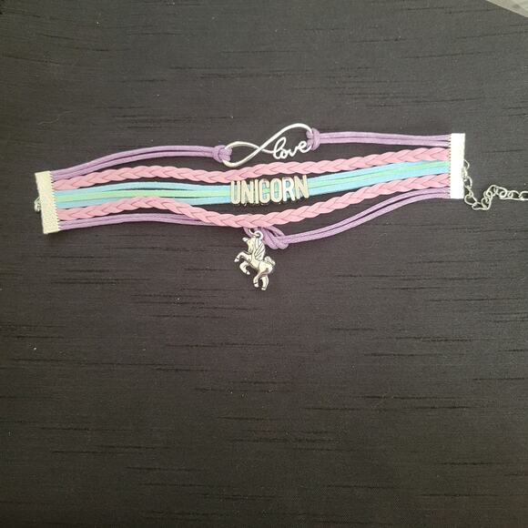 Unicorn charm bracelet, purple pink blue layered band with silver-tone charms - Picture 3 of 3